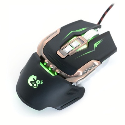 Rato gaming preto com iluminação verde e detalhes dourados