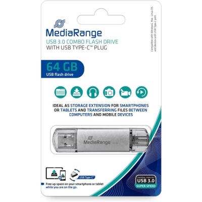 Pen USB MediaRange 64 GB USB 3.0 Combo Flash Drive com USB Type-C na embalagem branca e azul
