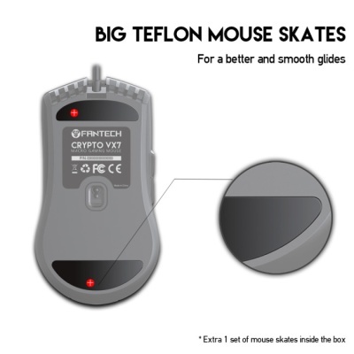 Rato de computador FANTECH CRYPTO VX7 com skates de teflon grandes e texto explicativo.