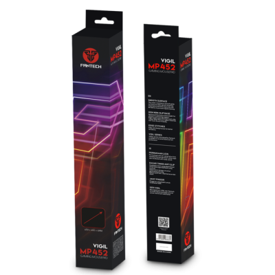 Embalagem preta do rato gaming Fantech VIGIL MP452 com luzes neon coloridas e texto técnico