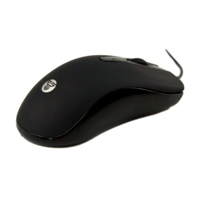 Rato de computador preto com cabo e símbolo branco no topo