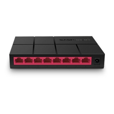 Dispositivo de rede preto com oito portas Ethernet vermelhas
