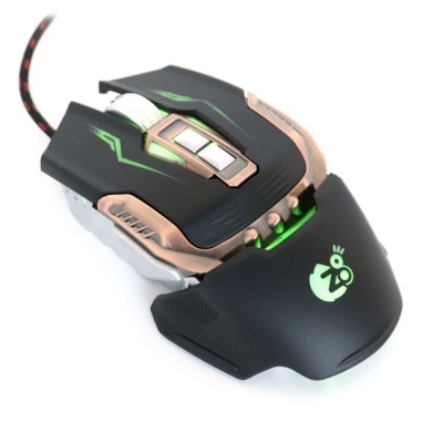 Rato gaming preto e dourado com iluminação verde