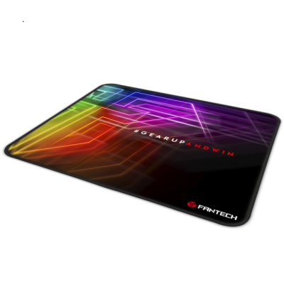 Tapete de rato com padrão geométrico colorido e texto #GEARUPANDWIN