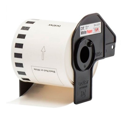 Etiqueta térmica em rolo branca com suporte preto e texto DK White Paper TAPE