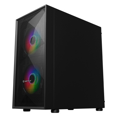 Computador de secretária preto com ventoinhas RGB e painel frontal em malha