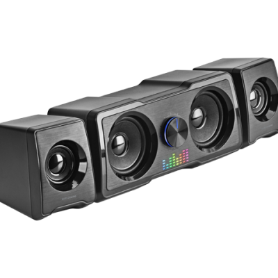 Sistema de colunas áudio preto com controle central e efeito equalizador