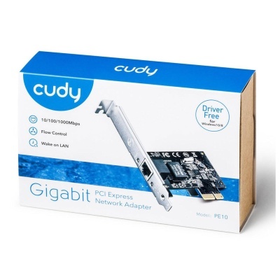 Embalagem do adaptador de rede Gigabit PCI Express Cudy modelo PE10 em azul e branco