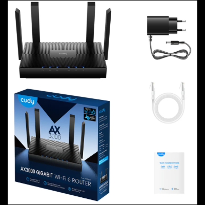 Roteador Wi-Fi Cudy AX3000 com antenas, cabo, fonte de alimentação e caixa