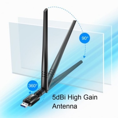 Antena USB preta com rotação ajustável e texto 5dBi High Gain Antenna