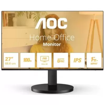 Monitor AOC Home Office preto de 27 polegadas com base redonda e texto técnico no ecrã.