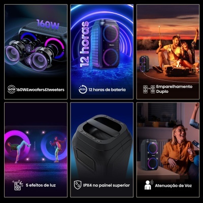 Coluna de som preta Hisense com luzes LED em azul e roxo e várias funcionalidades destacadas