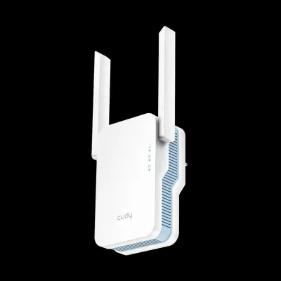 Repetidor Wi-Fi branco com duas antenas verticais