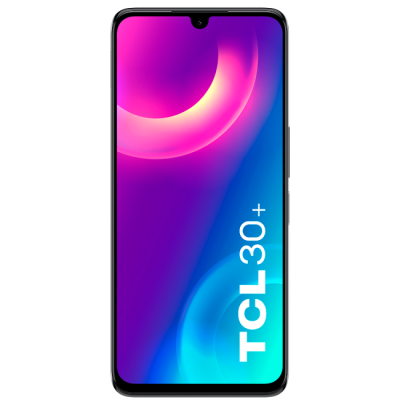 Smartphone preto com ecrã e texto TCL 30+