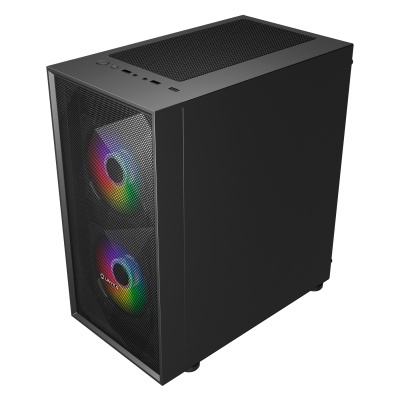 Computador preto com dois coolers RGB na frente e entradas USB no topo