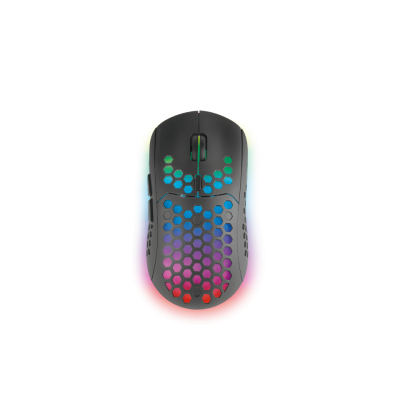 Rato de videojogo preto com iluminação RGB e favo de mel