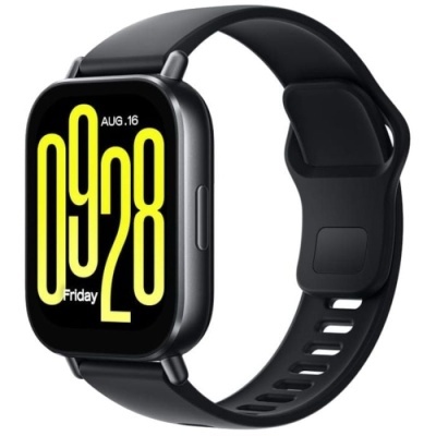 Relógio inteligente digital preto com ecrã retangular e pulseira preta em silicone.