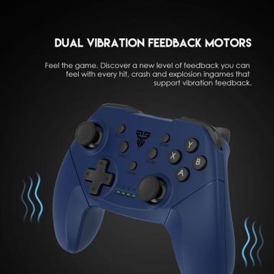 Comando de jogo azul escuro com botões A, B, X, Y e vibração visual