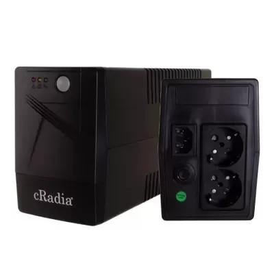 Grupo de continuidade preto cRadia com indicadores LED e duas tomadas elétricas