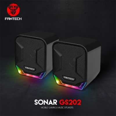 Colunas FANTECH SONAR GS202 com iluminação RGB em fundo escuro