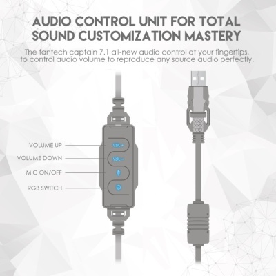 Unidade de controlo de áudio preta com botões azuis e cabo USB