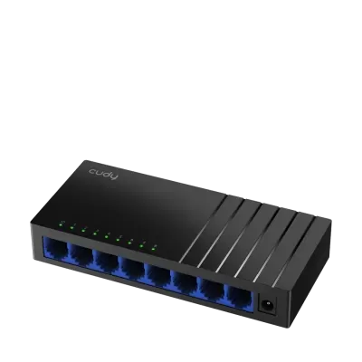 Switch de rede preto com 8 portas Ethernet azuis e luzes LED verdes