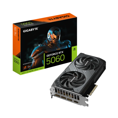 Placa gráfica Gigabyte GeForce RTX 5060 com caixa preta e laranja e placa com duas ventoinhas.