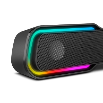 Coluna portátil preta com iluminação LED colorida ao redor