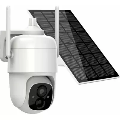 Câmara de vigilância branca com antenas e painel solar preto