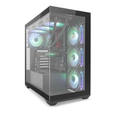 Computador de secretária com torre em vidro transparente e ventoinhas RGB iluminadas