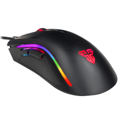 Rato gaming preto com iluminação RGB e logótipo vermelho