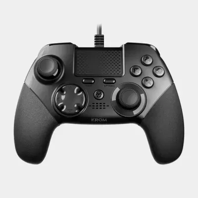 Comando de jogos preto KROM com botões analógicos e botões SHARE e OPTIONS.