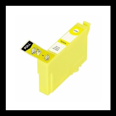 Cartucho de tinta amarelo para impressora com etiquetas e instruções.