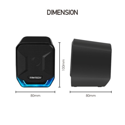 Coluna de som preta FANTECH com detalhes azuis e dimensões indicadas