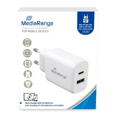 Carregador de parede MediaRange branco com USB-A e USB-C para dispositivos móveis, embalagem branca