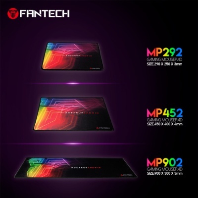 Tapetes de rato gaming coloridos FANTECH com três tamanhos destacados em texto colorido.