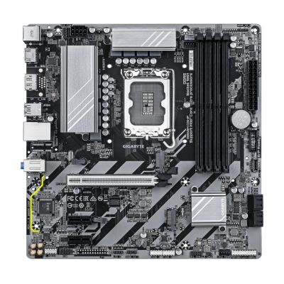 Placa mãe Gigabyte preta e cinza com quatro slots de RAM e dissipadores cinza