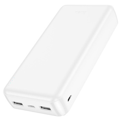 Carregador portátil branco com duas portas USB e quatro LEDs indicadores