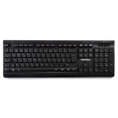 Teclado preto Fantech QWERTY com teclado numérico e indicadores LED.