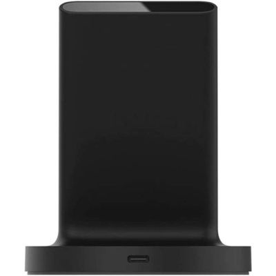 Carregador wireless preto com suporte vertical e base circular