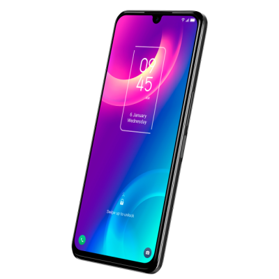 Smartphone com ecrã colorido em tons roxos e azuis com moldura preta