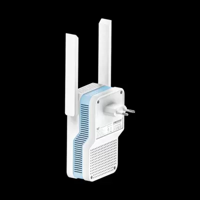 Repetidor Wi-Fi branco com antenas e plug elétrico embutido