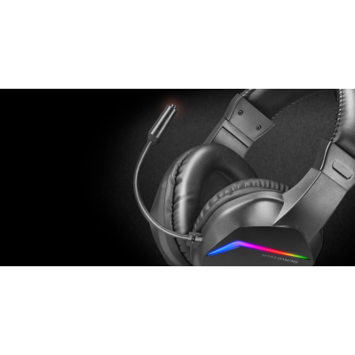 Headset gaming preto com microfone e iluminação RGB no auricular