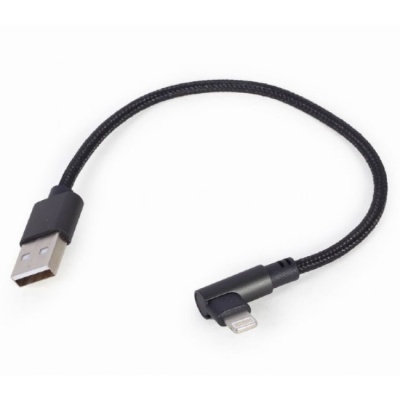 Cabo USB preto com conector Lightning em ângulo