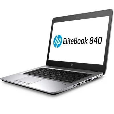 Computador portátil HP EliteBook 840 prateado com teclado preto e ecrã ligado em fundo branco