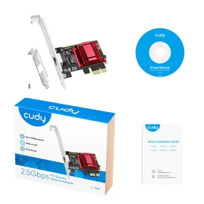 Adaptador de rede PCI Express Cudy 2.5Gbps com acessórios e embalagem