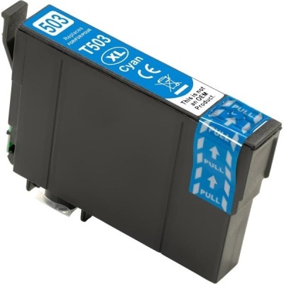 Cartucho de tinta cyan com etiqueta azul e texto em inglês.