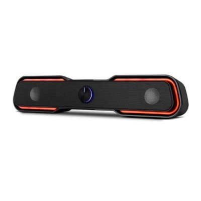 Coluna de som preta com bordas vermelhas e botão azul iluminado