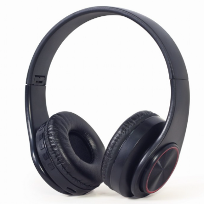 Auriculares sem fios pretos com almofadas acolchoadas e detalhes vermelhos