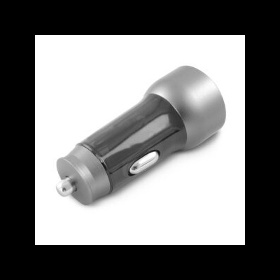 carregador de carro preto e cinza com botão lateral prateado